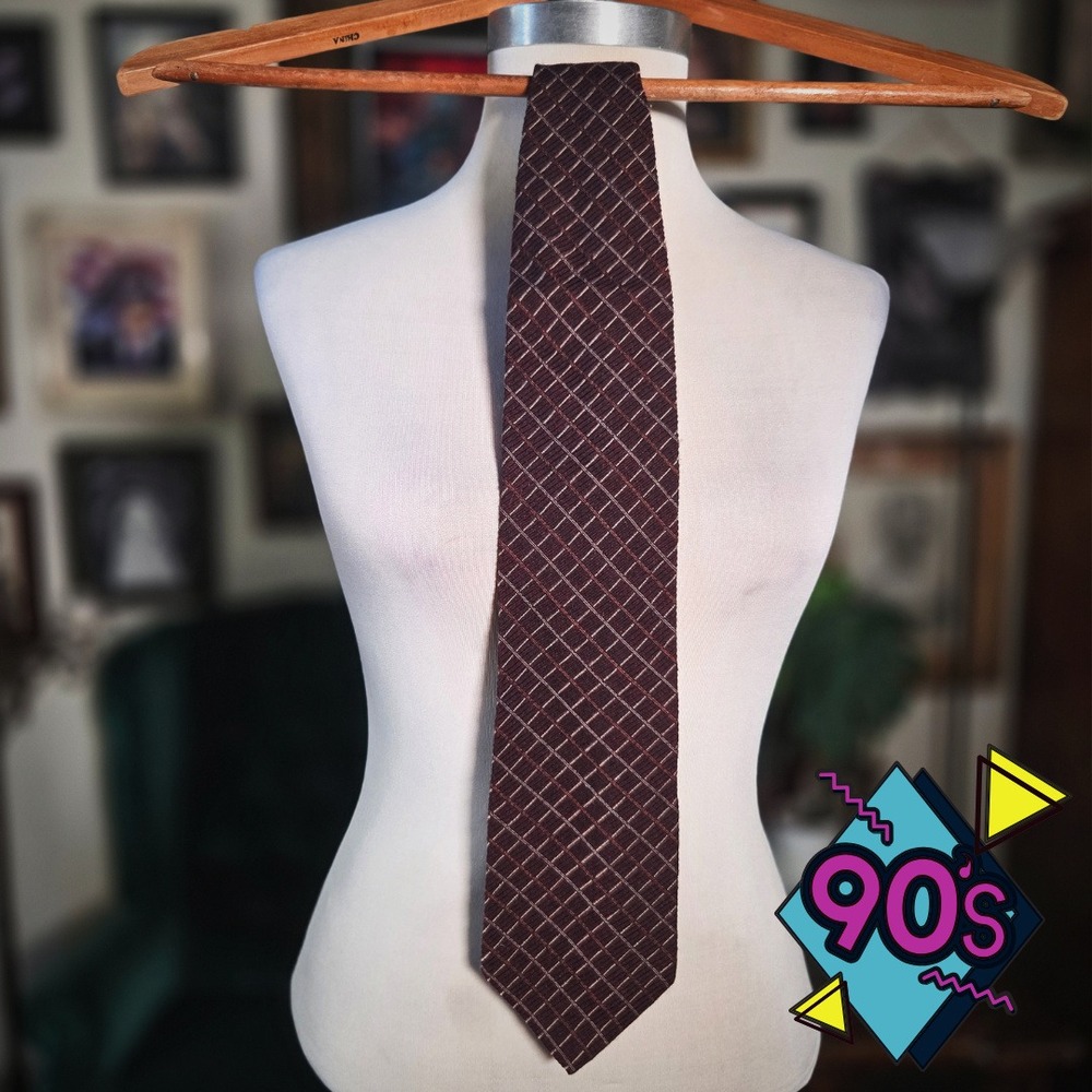 Structure Tie Vintage 90s Mens Burgundy‎ Geometric Wool Silk Grid Necktie USA